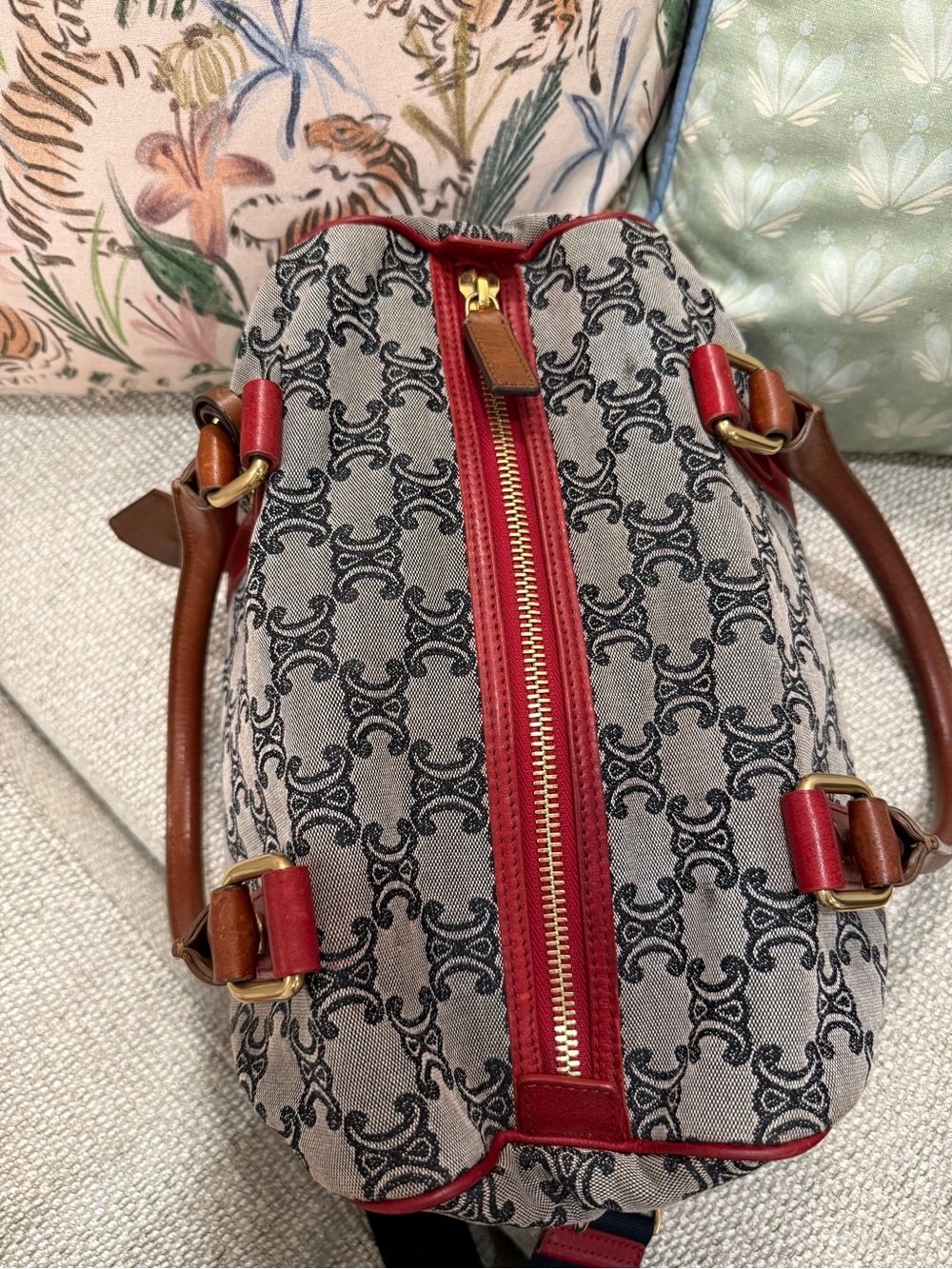 Vintage Celine Macadam Triomphe Boston Bag — Navy Blue & Red - Picture 5 of 16